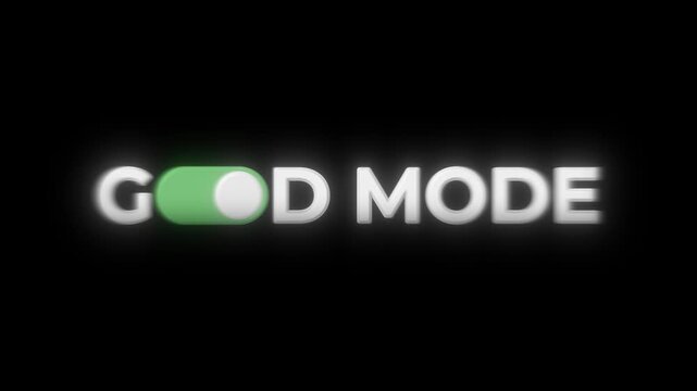 GOD MODE 3D Text Animation with Toggle Switch Turning On and Off. Video Game Cheat Concept with Glowing Green Light for Victory, Power and Unlimited Possibilities