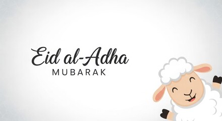 Fototapeta premium Cute cartoon sheep and Eid al-Adha Mubarak text on white background