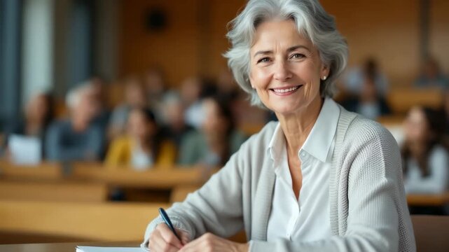 Elderly female teacher with gray hair sitting at desk in classroom with students, education leadership, academic interaction, teaching profession, knowledge sharing.