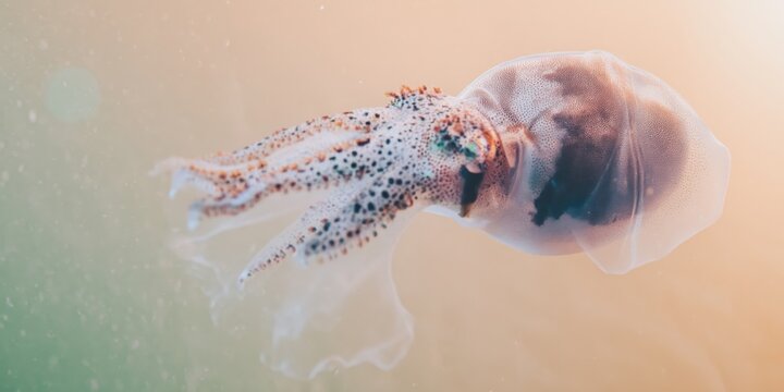 Vampire squid swimming in deep ocean water with webbed arms extended for marine biology research and educational publications featuring gelatinous skin texture