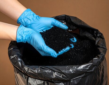 掌に山盛りの活性炭のパウダー粉、質感描写