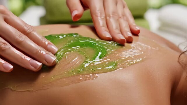 Beautician applying cooling green gel to a woman's back. Close-up of a body treatment in a spa. Skincare and wellness procedure