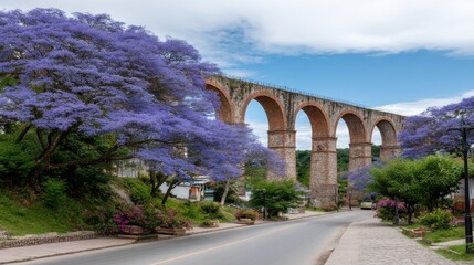 Fototapeta premium A large aqueduct stands with arches while purple trees surround the area. A wall with bricks is visible beside green plants