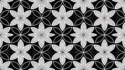 Fototapeta premium Seamless repeating pattern of six petal floral motifs in a black and white hand drawn sketch style illustration