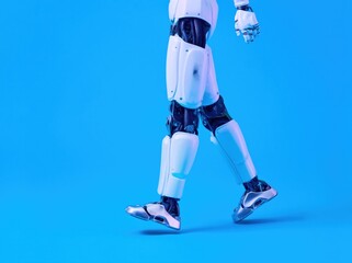 Obraz premium Full Body Humanoid Robot Walking in Side View on Blue Surface for Robotics Engineering Banner, Futuristic Kinetic Machine Concept with Large Copy Space