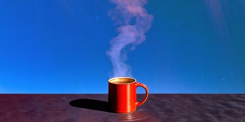 Fototapeta premium Red ceramic mug with steaming hot coffee on dark table with blue background and copy space, ideal for morning routine blog or cafe branding concept