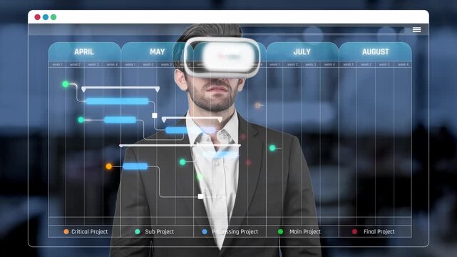 Businessman Wearing Virtual Reality Headset Surrounded by Project Timeline on Computer Screen for Innovative Technology and Project Management Concepts Sigmoid