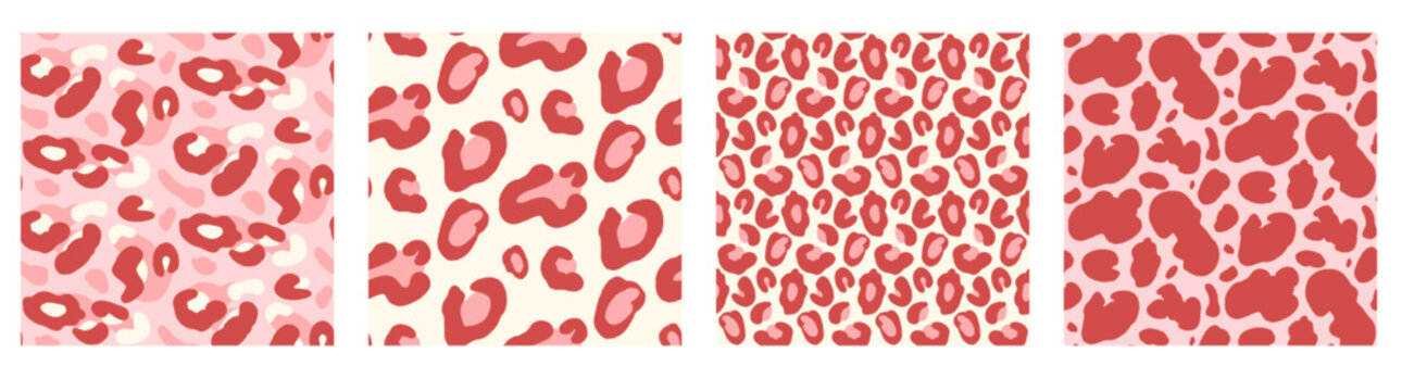 Leopard seamless pattern in monochrome pink for girly print. Animal background with leopard fur spots patterns in coquette aesthetic. Vector set with hand drawn rosette and cute organic motifs.