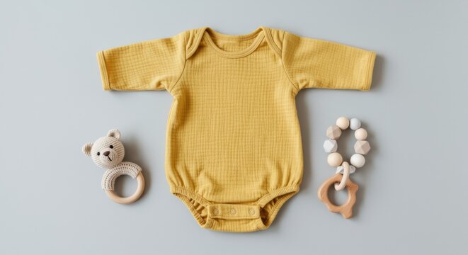 Yellow Infant Romper with Wooden Teething Rings and Knit Bear Toy in an Overhead Flat Lay for Baby Boutique Marketing and Nursery Apparel Branding