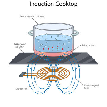 induction cooking principle using electromagnetic field, copper coil, and eddy currents to heat ferromagnetic cookware efficiently diagram hand drawn schematic raster. Science educational illustration