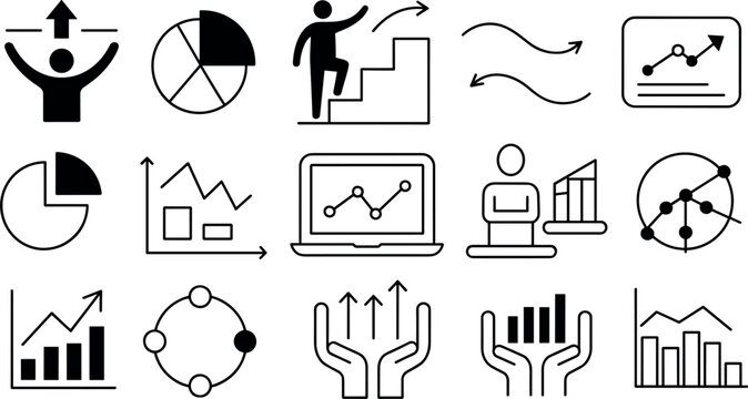 Business analytics and growth strategy icon set with charts graphs data visualization and financial progress outline vector collection