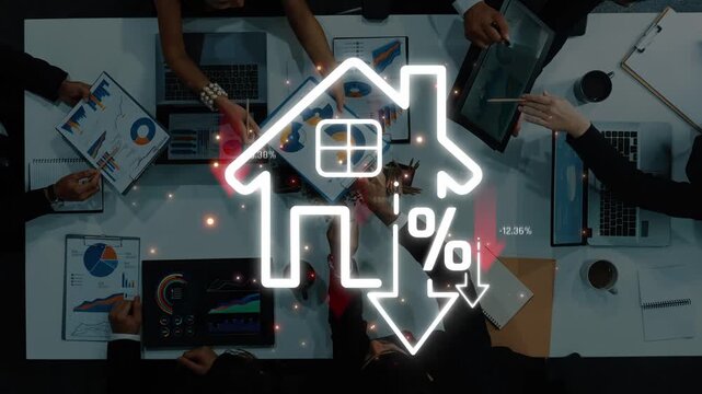 Business Meeting with Charts and Graphics on Real Estate Trends and Mortgages, Concepts of Home Buying and Market Analysis Sigmoid
