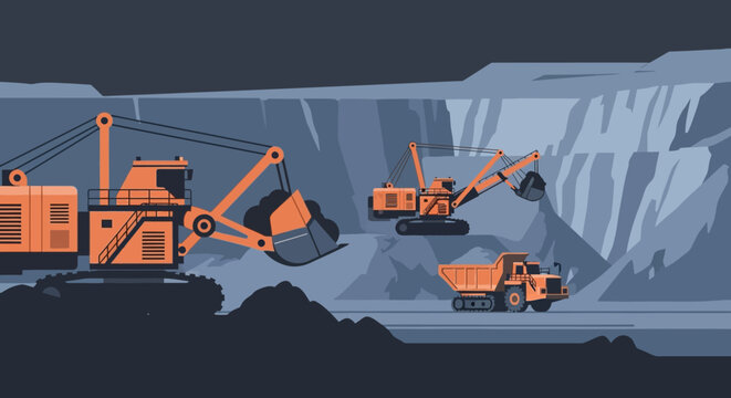Heavy machinery operating in open-pit mine during nighttime