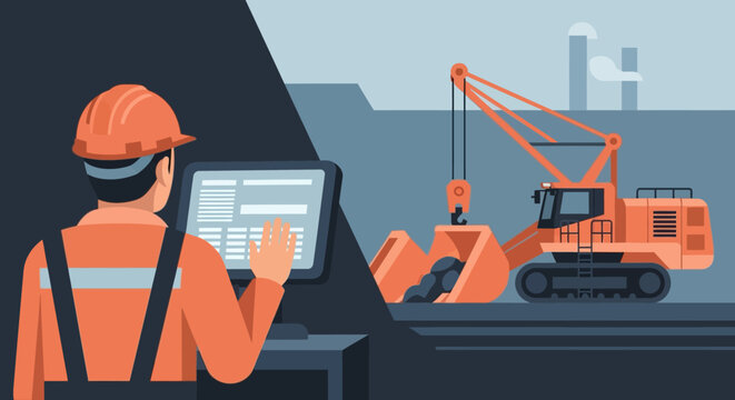 Construction site automation: worker operating digital controls for heavy equipment