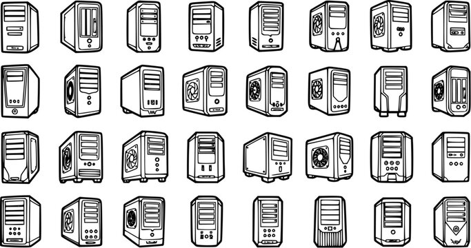 Technology Computer Cases Line Art Icons Set. PC Towers, Server Chassis Outline Glyphs for Computing Hardware, and IT Infrastructure.