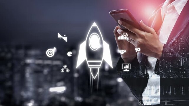 Startup launch and business growth concept, rocket symbolism, entrepreneurship, startup innovation, and early-stage success strategies for new business development and expansion. Muxer