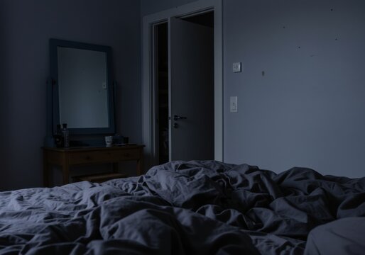 Messy unmade bed with wrinkled charcoal linens in a dark moody bedroom interior for mental health awareness storytelling and editorial background with copy space