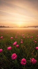 Obraz premium Pink spring flowers blooming in a meadow at sunrise with soft golden light for nature banners, seasonal greeting cards, and peaceful environmental backgrounds