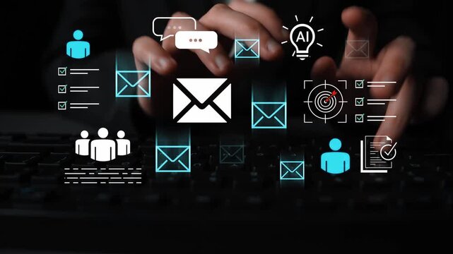 Hands Typing on Keyboard with Email Icons and Digital Communication Graphics on Dark Background, Representing Modern Technology and Business Engagement Gluon.