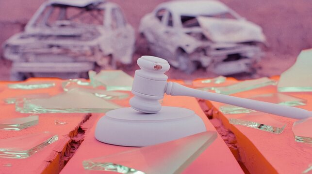 Wooden gavel on table with shattered glass and wrecked cars in the background representing legal insurance claims and car accident compensation lawyer services