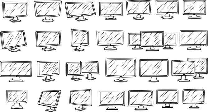 Black and white line art pattern of various computer monitors, technology theme