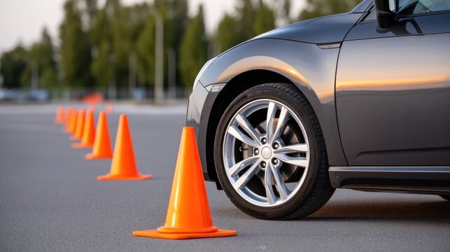 Low side view of a sleek car aligned with traffic cones on an empty road, showcasing precision and control in a driving environment