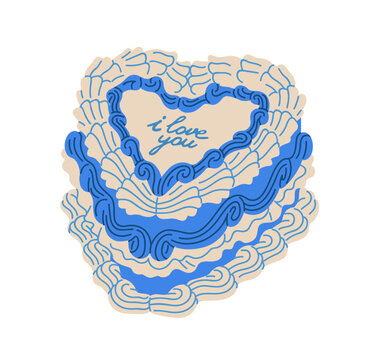 Vintage coquette cake, heart dessert. Ornate confectionery, blue creamy pastry with Love you text. Romantic bakery with cream piping decoration. Flat vector illustration isolated on white background