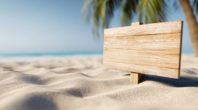 a blank wooden sign partly burried in the sand at a beach - mock-up advertisement template