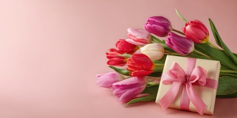 Fototapeta premium The Tulip Bouquet And Wrapped Gift With Pink Ribbon On Pastel Background