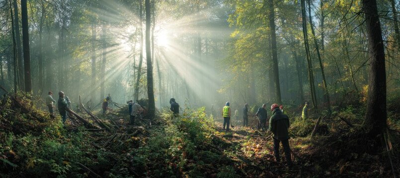Group of individuals working in a forest clearing, sunlight filtering through trees, creating a serene atmosphere in a natural setting