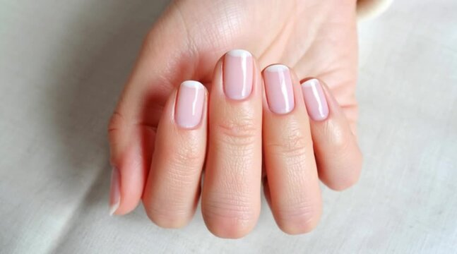 A close-up of a woman's hand displaying neatly manicured nails with a light pink polish and white tips. The hand rests on a soft, neutral-colored surface.