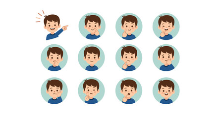 Fototapeta premium Grid of circular icons shows a young boy expressing many different emotions and performing various facial gestures.