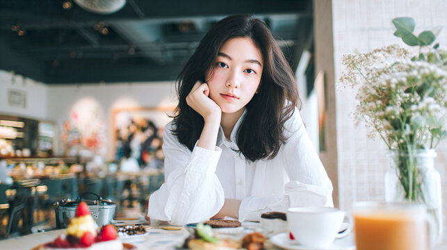 Mujer joven sentada en cafeter&iacute;a con caf&eacute; y desayuno mirando a c&aacute;mara con expresi&oacute;n tranquila junto a ventana con flores

