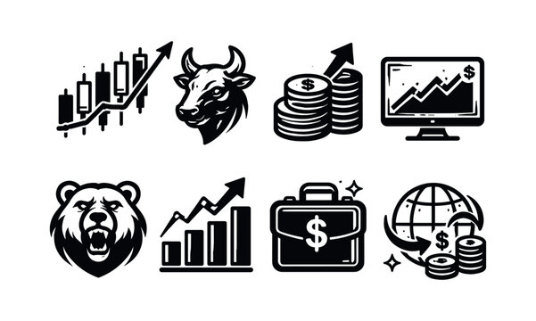 Financial growth symbols set with bull and bear illustrations, vector clipart in black and white