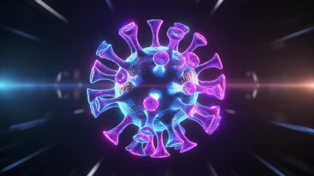 3D glowing virus particle with spikes, symbolizing microscopic pathogens, viral morphology, and global health impact.