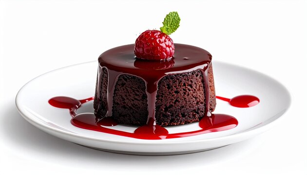 Delicious warm chocolate lava cake served with a fresh raspberry and a mint leaf on a white plate with a red berry sauce drizzle