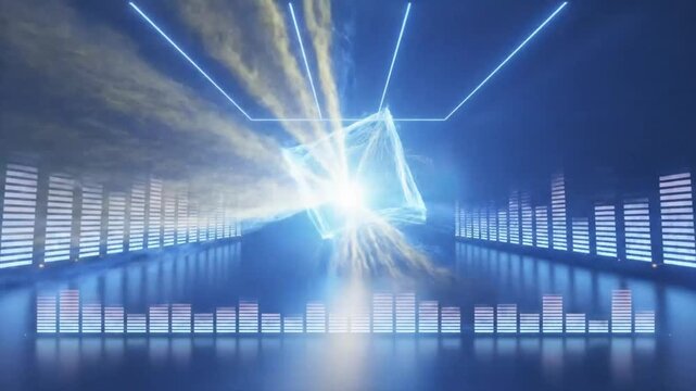 Futuristic digital art display with glowing laser beams and an evolving geometric cube in a music studio
