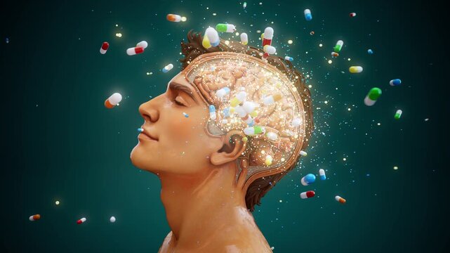 Conceptual 3D animation of a happy man with visible brain and exploding pills