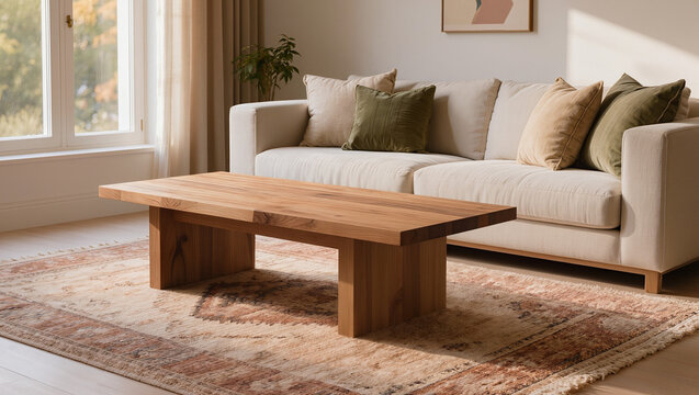 Wooden Coffee Table on Persian Rug in Living Room.