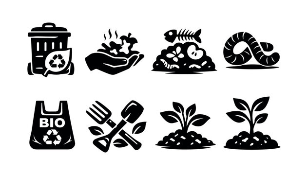 Eco-friendly composting icons set featuring recycling waste bin and botanical elements in black and white vector style