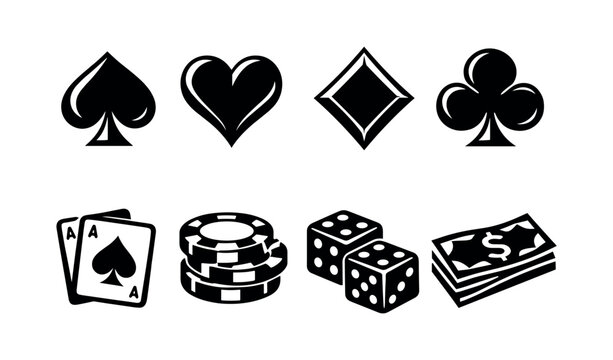 Set of black and white gambling icons including poker chips dice cards money and suit symbols