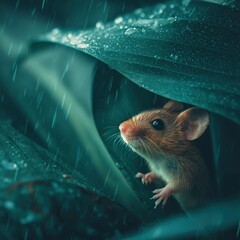 Obraz premium Mouse Hiding Under Leaves in Rain