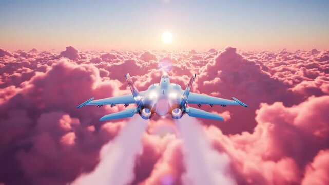 Futuristic Blue Jet Fighter Flying Through the Pink Clouds at Sunrise with Sun Shining