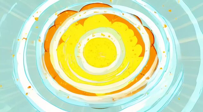 Abstract 2D animation of yellow sun and orange clouds, hand drawn cartoon style sky, vibrant artistic motion graphics for children content