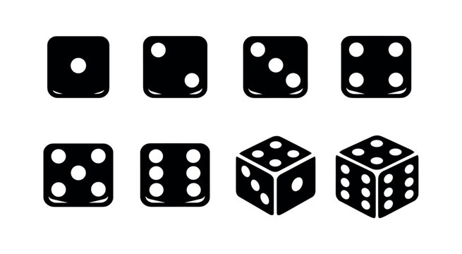 Collection of dice faces and 3d dice, black and white silhouette, vector illustration, gaming elements