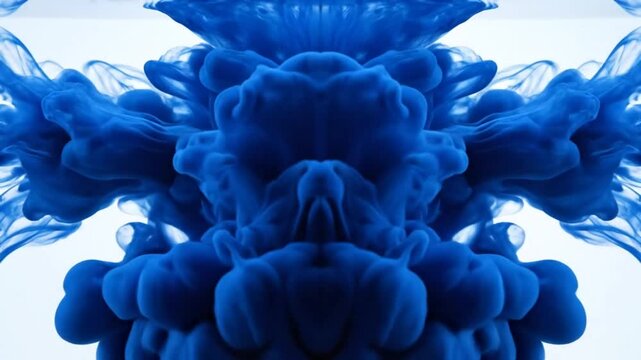 Mesmerizing symmetrical blue ink cloud exploding and swirling in water creating abstract patterns