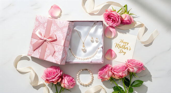 Flat lay of a beautiful Mother's Day gift box with a pearl necklace, pink roses, and a greeting card on a white marble background.