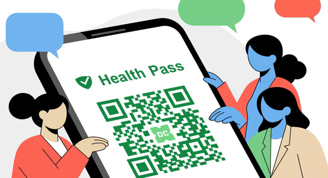 Digital health pass with qr code on smartphone in flat design