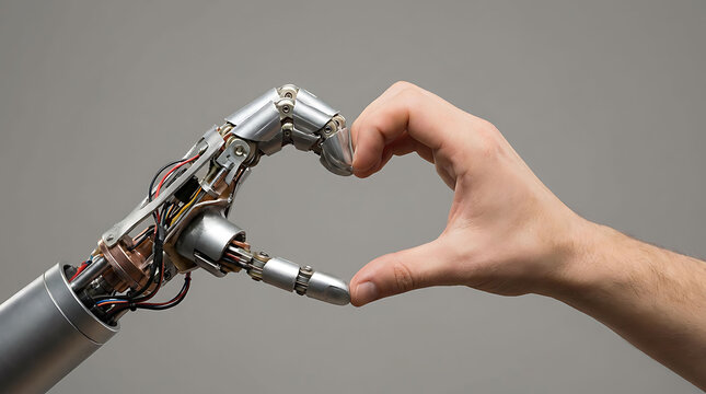 A robot and a human hand form a heart, blending tech and emotion