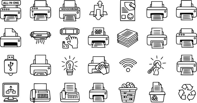 Printing and Office Technology Outline Line Art Icons Set - Vector Collection of Printers, Fax Machines, Paper, and Document Management Devices